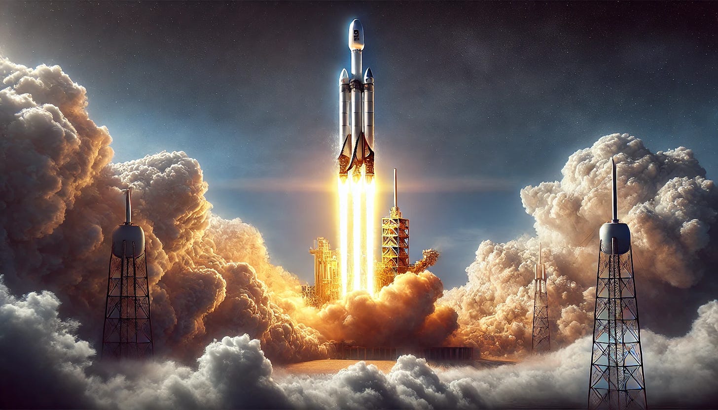 An AI generated image of a falcon heavy rocket booster launching from it’s platform surrounded by clouds