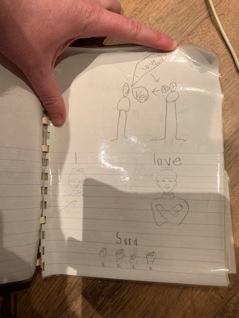 A picture of a page from my "first published work" - age six. It has stick figures arguing if they are in love, and the words "I love Sara", also written in sign langauge.