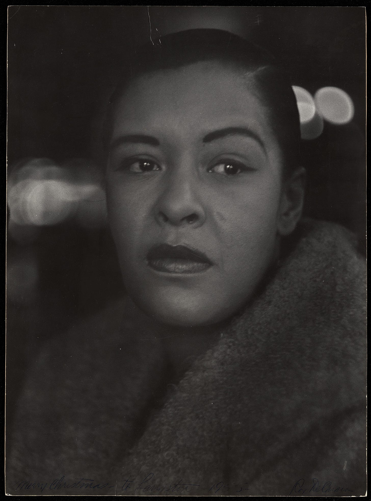 Roy DeCarava (photograph), Billie Holiday, [1955] [Langston Hughes papers, JWJ MSS 26, Oversize, Box 633, folder 14226, Yale University Library, Beinecke Rare Book and Manuscript Library, New Haven, CT. © Ole Brask]