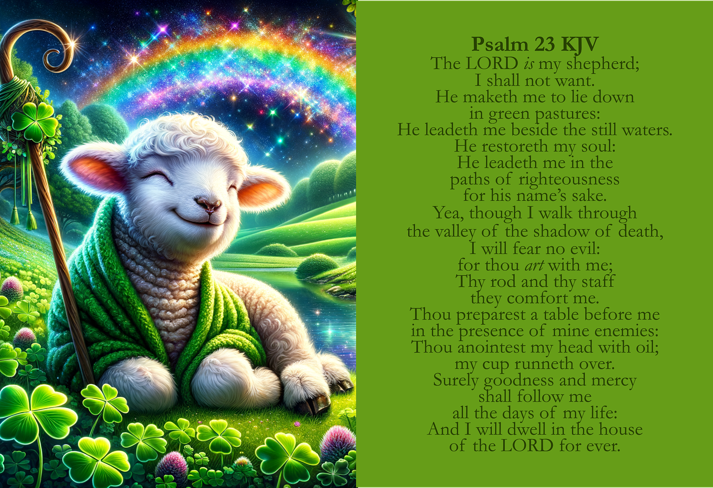 This is a vibrant and colorful digital artwork divided into two main sections. On the left, there is a whimsical, lush landscape with a smiling lamb at the forefront. The lamb is white with a very content and peaceful expression, and its eyes are closed as if it's savoring a moment of tranquility. It is wrapped in a green garment with a texture resembling leaves or petals, blending seamlessly with the verdant environment. The landscape behind the lamb features rolling green hills, a serene river, and abundant foliage including clovers and round, purple flowers. The sky above is not typical; it is filled with a brilliant, cosmic array of stars and nebulae forming a rainbow across the heavens, suggesting a blending of day and night, or earthly and celestial realms.  On the right, there is a solid green background, and superimposed upon it is the text of Psalm 23 from the King James Version (KJV) of the Bible. The text is arranged in a block with ample spacing, in a serif font that is easy to read. It is colored in a shade of yellow that provides a stark contrast against the green, ensuring legibility. The text shares themes of guidance, comfort, and divine presence that are metaphorically represented in the serene image of the lamb to the left. The overall impression is one of peace, safety, and spiritual well-being.