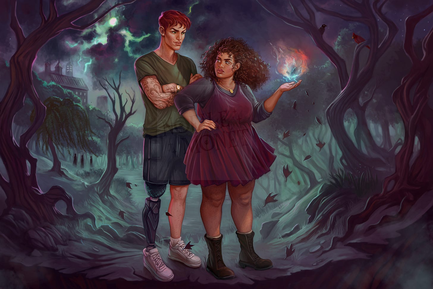 character art of BOUND BY FURY's main characters harper and kai. they stand side by side in the forest with a school looming in the background and ghosts in the woods