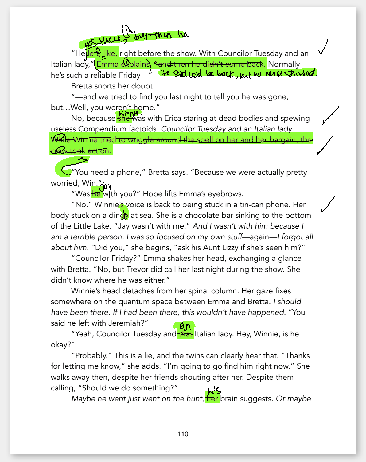 A screenshot of an edited PDF file where Susan's changes to the document are in black ink but with green highlighter for emphasis.