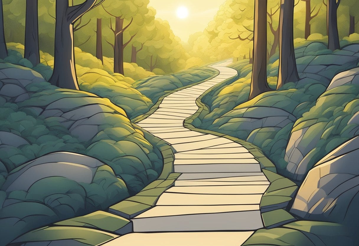 A winding path with obstacles and detours leading to a shining goal at the end