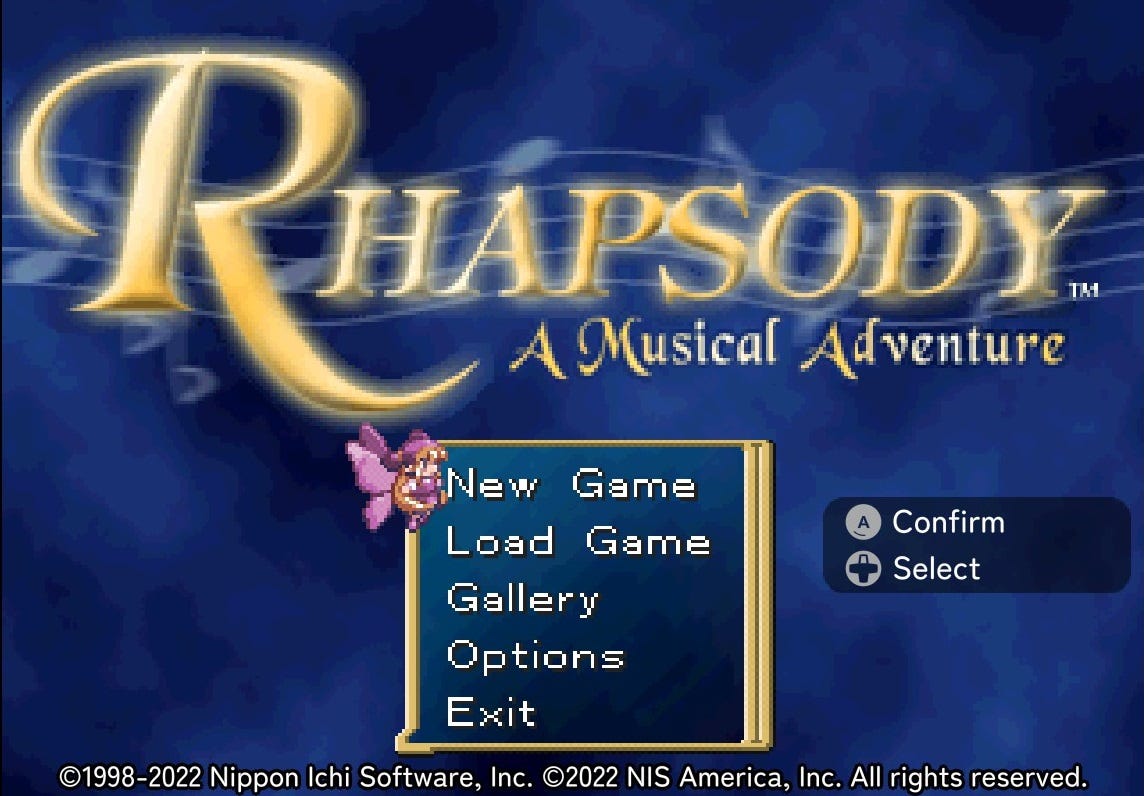 A screenshot of the title screen from the 2022 Windows release of Rhapsody: A Musical Adventure, featuring the game's logo (words made to look as if they're on sheet music) above the game's menu.