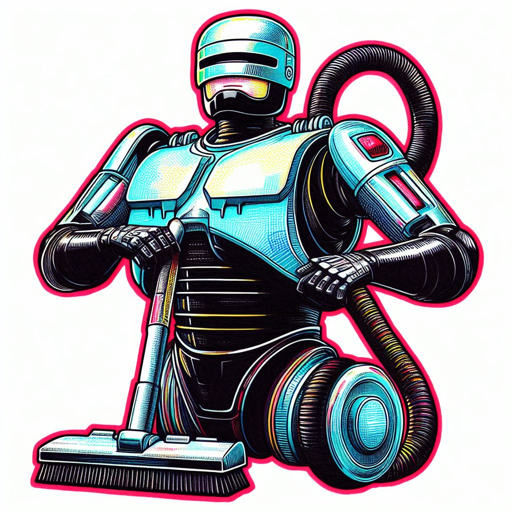 robocop but is a vacuum cleaner droid, in a colorful marker poster illustration style with colored ink lines and light cross-hatching