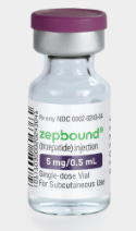 A clear glass vial with  purpose top and a label that says Zepbound and 5mg with a barcode on the side.