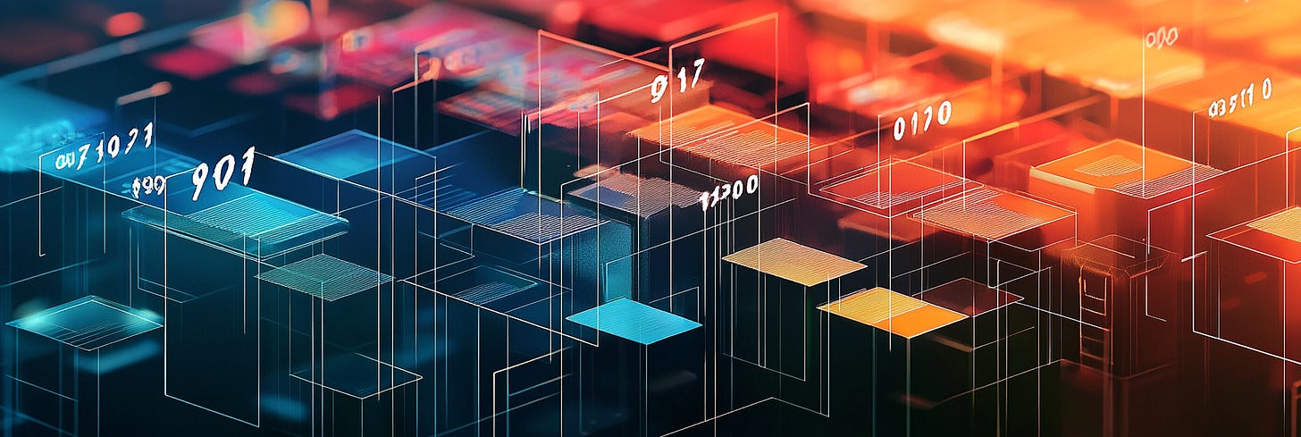 Abstract digital landscape featuring a grid of floating blocks with wireframe outlines, layered with numbers and binary codes. The image is set in a blue and orange gradient, evoking a futuristic data visualization or digital architecture theme.