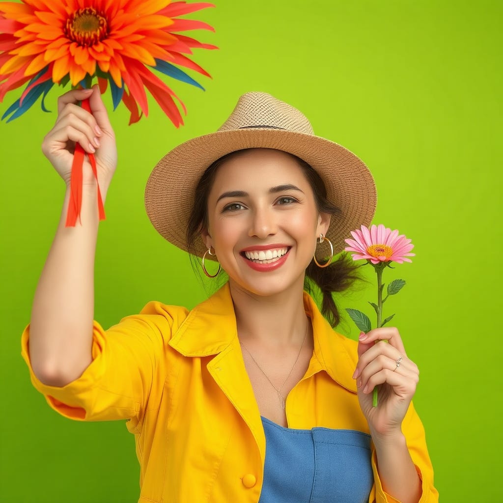 Happy young caucasian woman with vivid color casual clothes wearing a hat, wearing contrasting vivid color accessories celebrating success isolated on vivid contrasting green background with space. High-quality photograph1