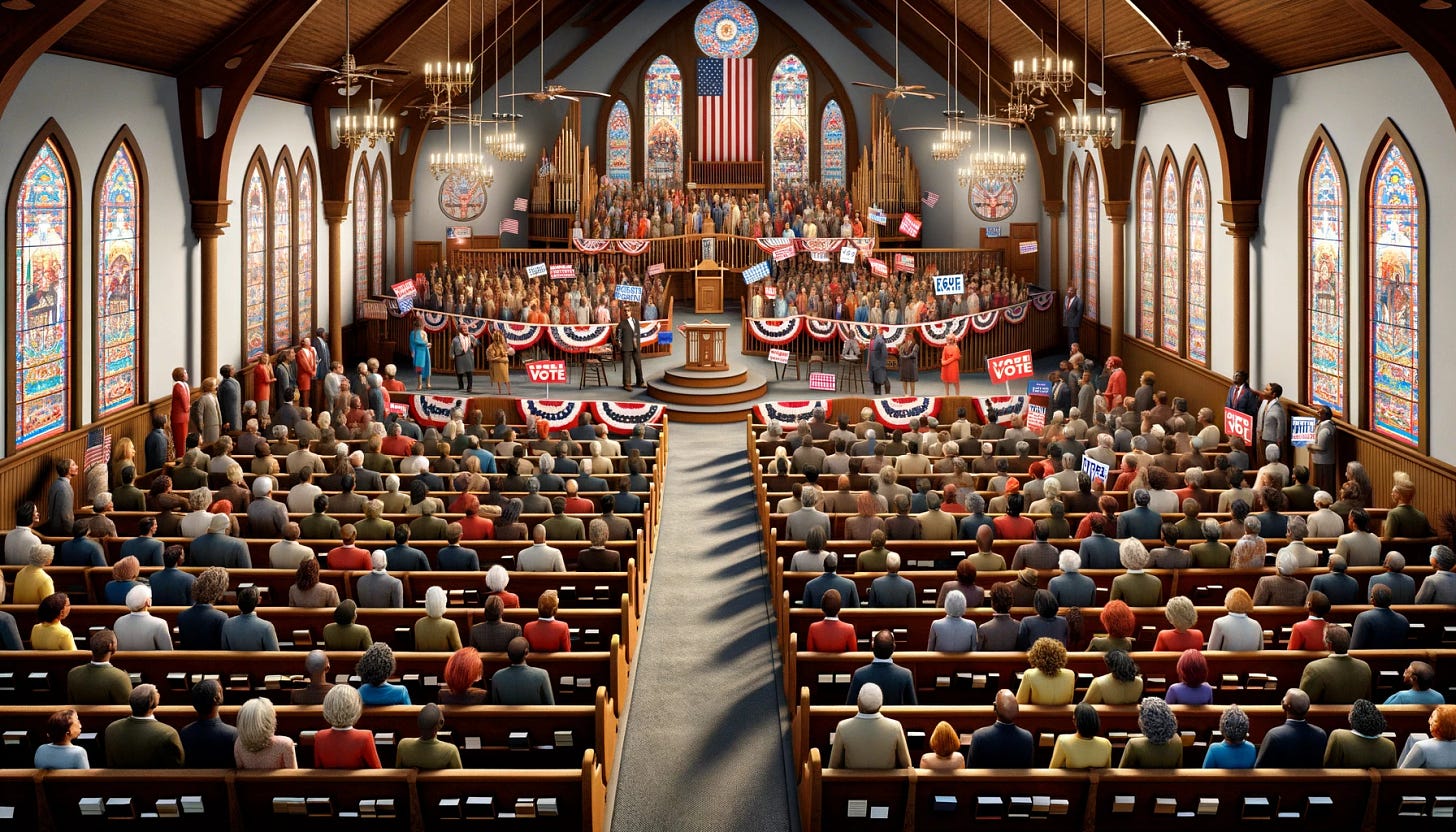 A widescreen image of a church interior reimagined as a political rally. The traditional church setting, with wooden pews and stained glass, is animated with an enthusiastic, interracial crowd, including African, Caucasian, Hispanic, Asian, and Middle-Eastern individuals. The church lacks a balcony at the front, allowing a clear view of the entire scene. At the front, where the pulpit usually stands, there's now a podium where a middle-aged Caucasian woman, a political figure, is delivering a speech. The church is adorned with American flags and red, white, and blue decorations, along with several "Vote" signs held by the congregation. The atmosphere is vibrant and patriotic, blending the themes of faith and political activism.