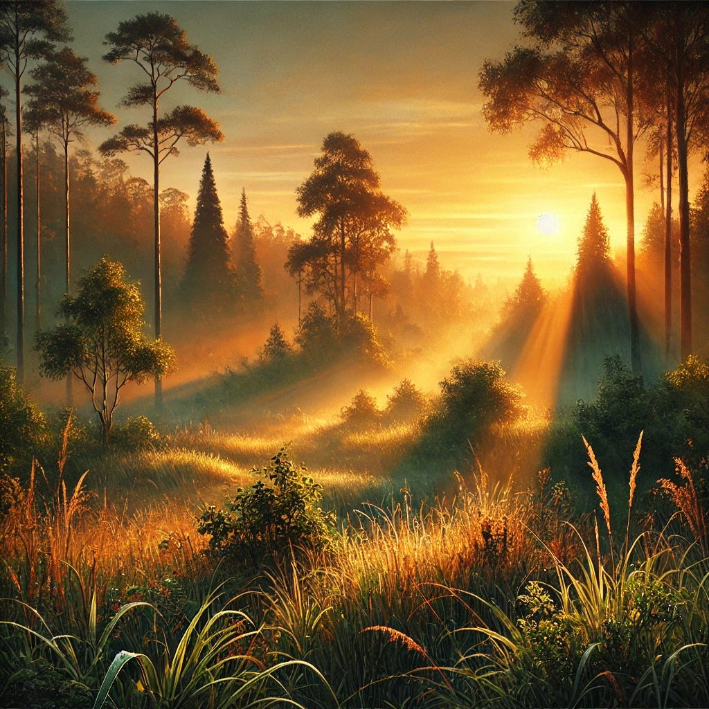 Create a serene natural scene at sunrise in the style of an oil painting. The scene features a lush forest clearing with morning sunlight streaming through tall trees, casting golden and amber hues across the dewy grass. In the background, a softly glowing horizon represents the rising sun. Highlight the interplay of light and shadows on the foliage, using delicate brushstrokes to capture the texture of leaves and grass. The color palette is rich, with deep greens, warm yellows, and vibrant oranges to evoke a sense of healing and natural vitality.