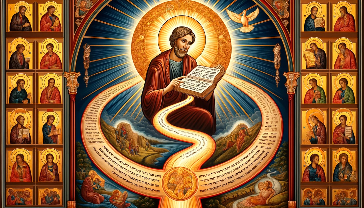 An iconographic depiction of Psalm 119 in a traditional religious icon style. The central figure is a devout believer, depicted in a classic icon pose, reading a glowing Hebrew scroll. The scroll, symbolizing the acrostic structure of Psalm 119, emits a divine, golden light. Surrounding the believer are scenes representing moments of distress, joy, pleading for deliverance, and rejoicing in salvation, all in a stylized, iconographic manner. The path of light transitions from darkness to light, emphasizing the transformative journey with God's Word. Above, the Holy Spirit is represented as a radiant dove, with golden rays emanating. The background features a serene, symbolic landscape with rich colors, gold accents, and intricate details, reflecting the virtues of wisdom, comfort, and divine guidance. The overall style is reminiscent of Byzantine or Eastern Orthodox religious icons, with halos, ornate patterns, and a solemn, reverent atmosphere.