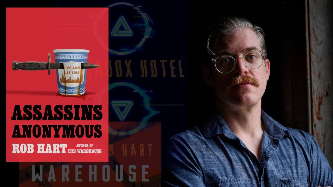 mystery and thriller author rob hart and book covers of his assassins anonymous and the warehouse