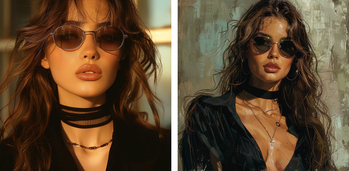Beautiful woman with brown long hair in 90s. Photography and Illustration