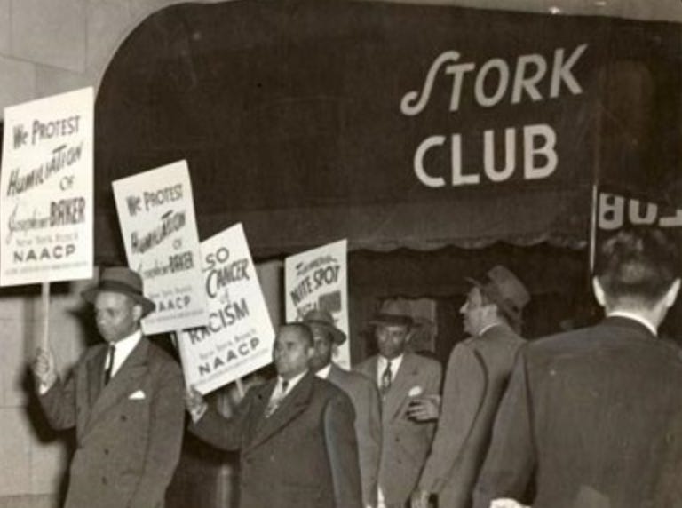 NAACP protestors outside the Stork Club in New York City, where renowed dancer Josephine Baker was refused service on grounds of her colour, 24th October 1951.
