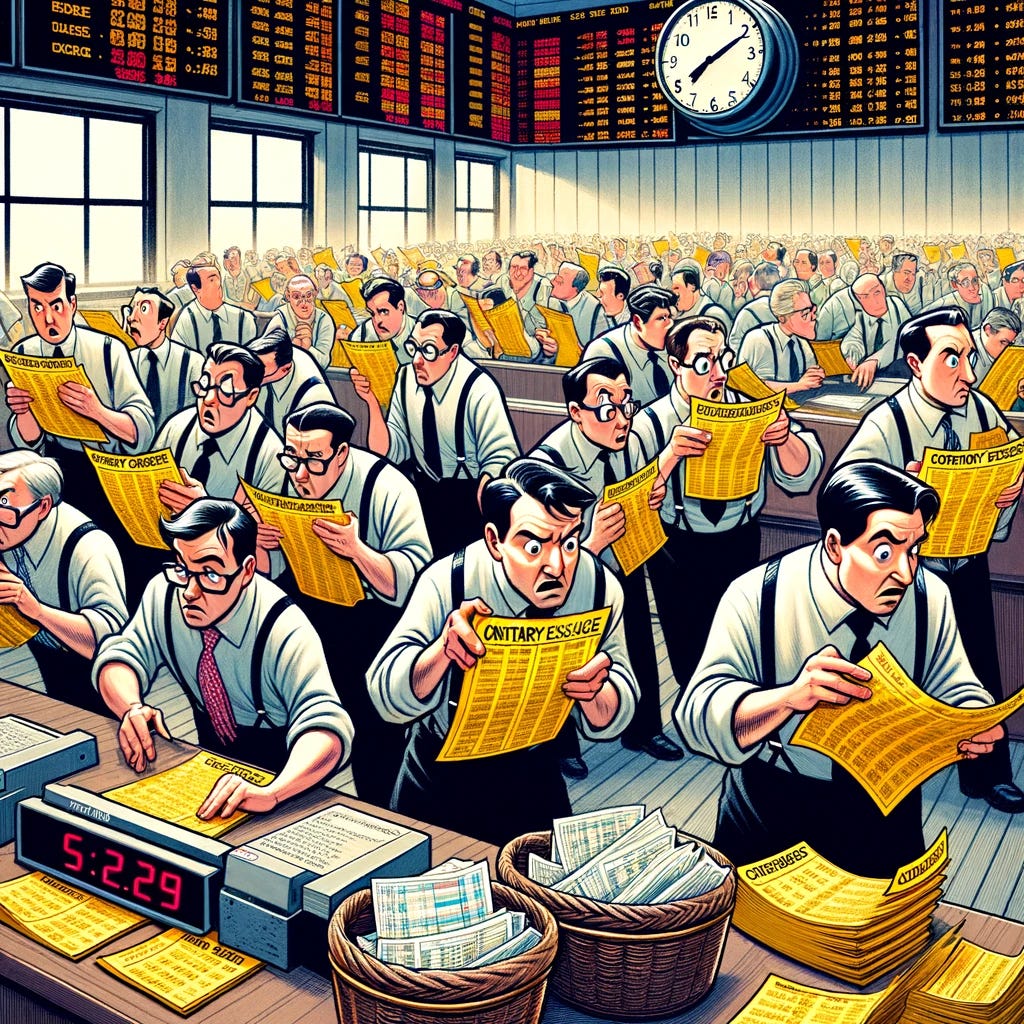 A cartoonish yet serious illustration of a bustling stock trading floor. Several clerks, dressed in formal attire with suspenders, are intently holding yellow carbon copy papers labeled 'Contrary Exercise'. They are anxiously looking at a large digital clock on the wall, which shows the time as '5:29'. The clerks are poised to slam these papers down into a basket labeled 'Receivables' at a clearing company's desk. The scene is chaotic with the clutter of exchange trading tickets strewn around, capturing the high-energy atmosphere of a stock exchange.