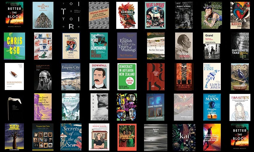 Your 2023 Ockham Book Awards longlist (Brainteaser: spot the cover that’s in there twice) (Image: Archi Banal) 
