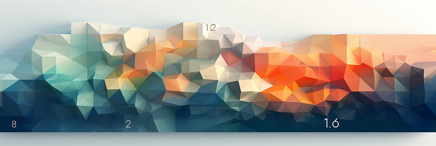 This is a wide, abstract image featuring a low-poly design that resembles a stylized landscape. The geometric shapes create a sense of depth and form hills that transition from deep blues at the bottom, representing water or shadows, to bright oranges and yellows at the top, suggesting sunlight or dawn. Numbers like "8," "2," and "1.6" are overlayed in the bottom part of the image, possibly indicating time, measurement, or sections of the image. The overall effect is reminiscent of a digital sunrise over water.