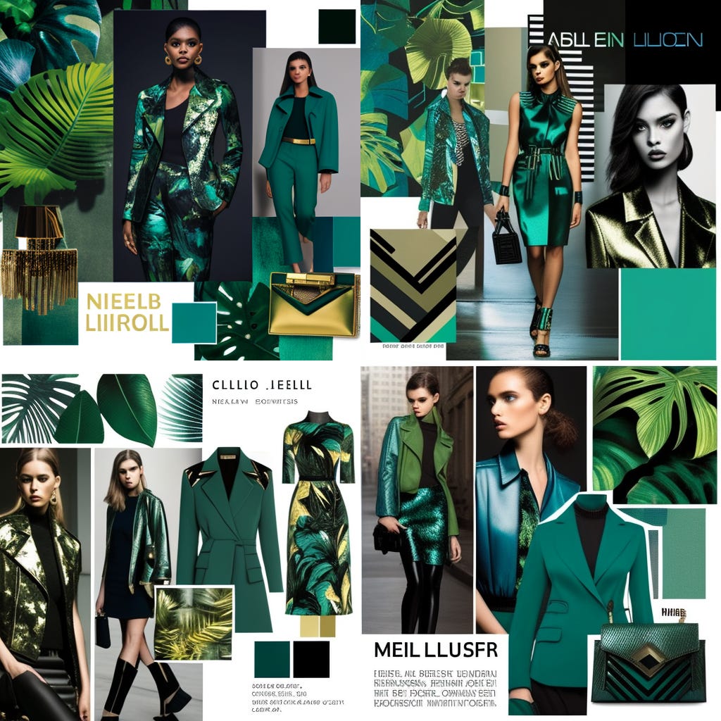 Visualize a high fashion collection inspired by the theme of 'modern urban jungle.' Think bold, graphic prints in a color palette of greens, blues, and blacks, with a focus on structured, angular silhouettes. Imagine sleek, urban ensembles paired with statement accessories in metallic finishes. The collection should embody the energy and vibrancy of the modern city, while incorporating elements of nature and the jungle. The final images should be visually impactful, showcasing the collection's unique fusion of urban and natural elements.