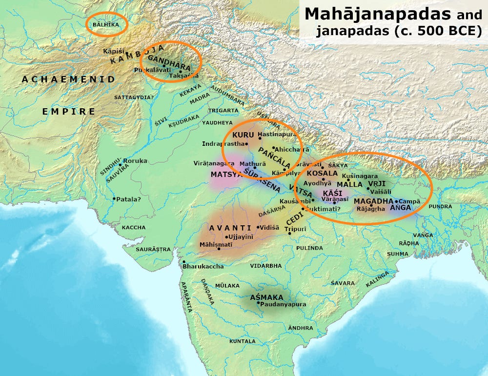 Map of the 16 Mahājanapadas.[1]