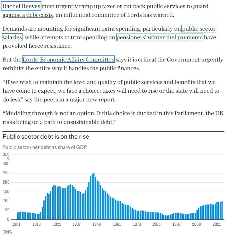 Screenshot of a page from The Telegraph about Britain's debt timebomb with internal link annotations