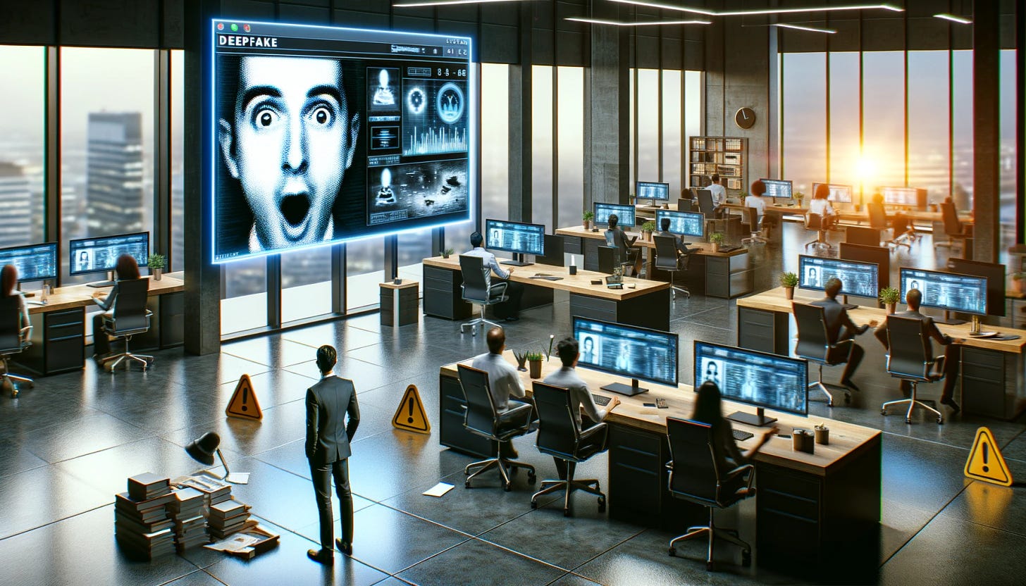 A conceptual representation of the rise of deepfake scams in businesses. The scene shows a corporate office environment with a large digital display showing a deepfake video manipulation. The image features a person observing the screen with a shocked expression. The office is sleek and modern, filled with other employees working unaware of the scam. Elements like scattered papers and alert signs symbolize confusion and the disruptive impact of deepfakes. The atmosphere is tense, emphasizing the severity of these scams in the business world.