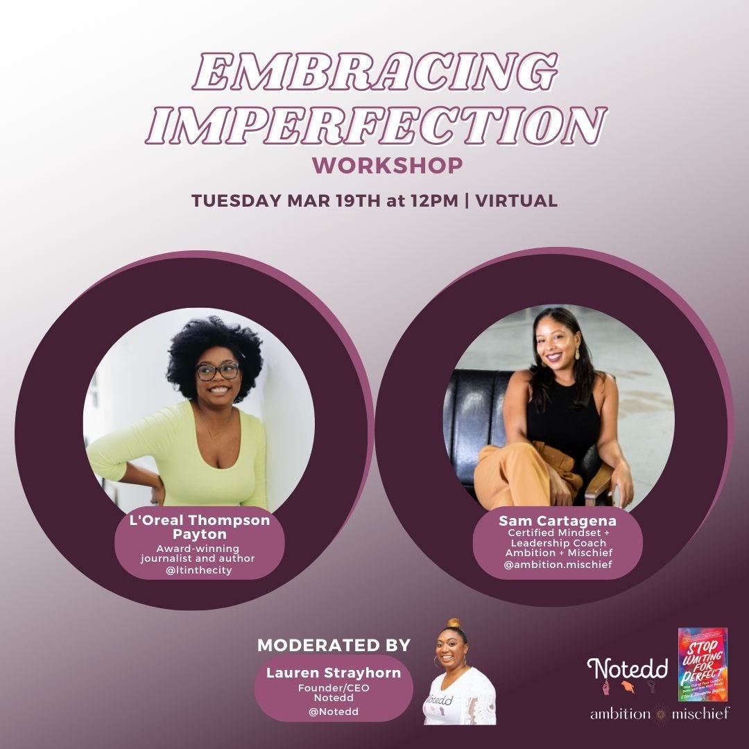 Graphic promoting a virtual event on March 19 about embracing imperfection