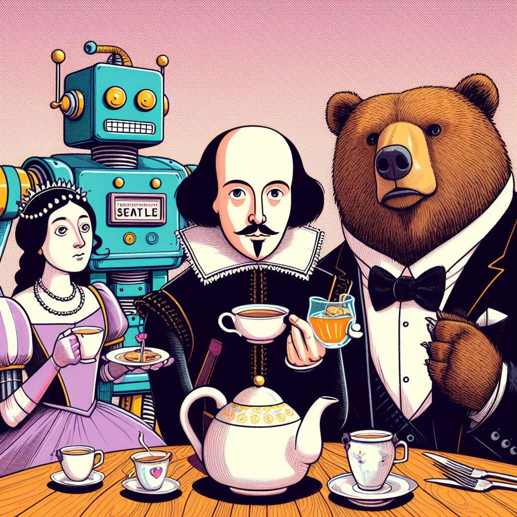 Tea time with William Shakespeare, a robot, a princess, and a grizzly bear in a tuxedo.