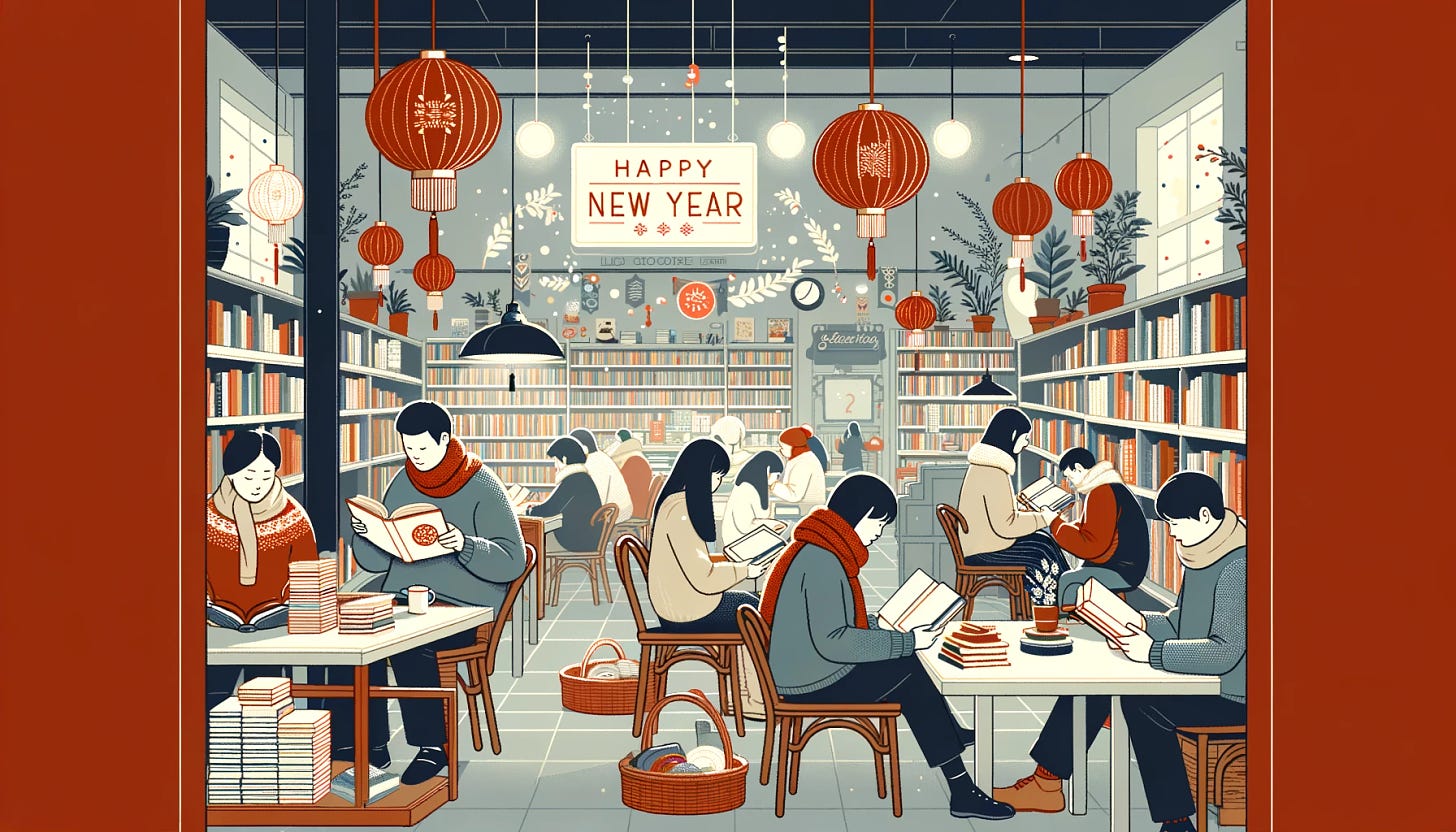 Illustrate a cozy atmosphere of people reading books in a bookstore during the New Year celebration. The scene is filled with warmth and a sense of community. Include various individuals engrossed in reading, with shelves packed with books around them. Decorations that hint at the New Year, such as red lanterns or festive banners, subtly integrate into the bookstore's interior, enhancing the festive mood. The illustration style is minimalist and uses vector graphics, focusing on clean lines and a limited but vibrant color palette to convey the essence of a peaceful and joyous beginning to the year.