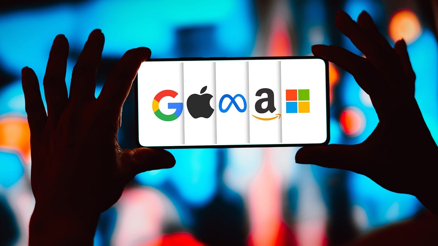 BRAZIL - 2024/05/03: In this photo illustration, the Google, Apple, Meta, Amazon and Microsoft logos is displayed on a smartphone screen. (Photo Illustration by Rafael Henrique/SOPA Images/LightRocket via Getty Images)