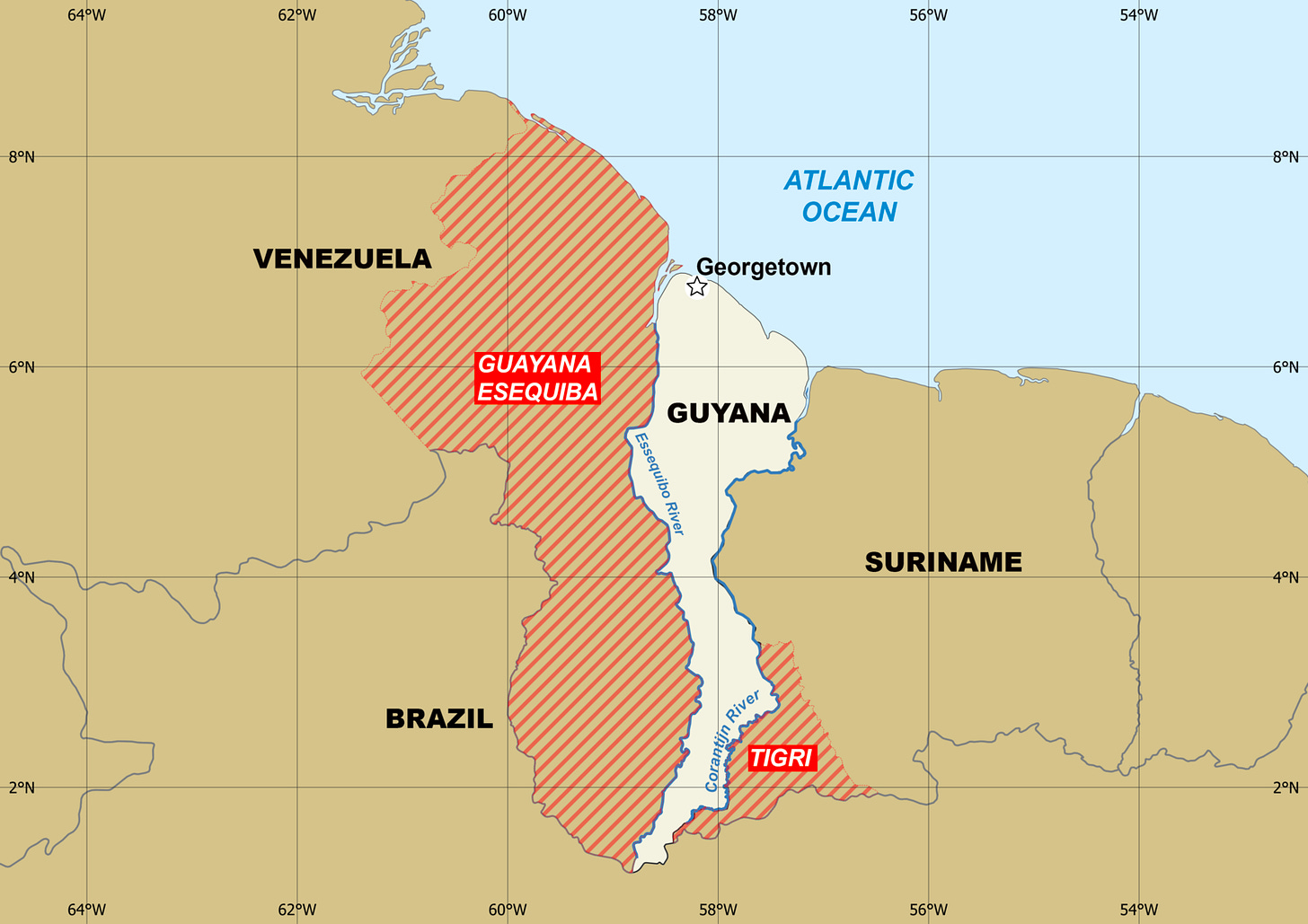 The Essequibo territory in relation to Venezuela, Guyana, and the Essequibo river (Photo by SurinameCentral via Wikimedia Commons.)