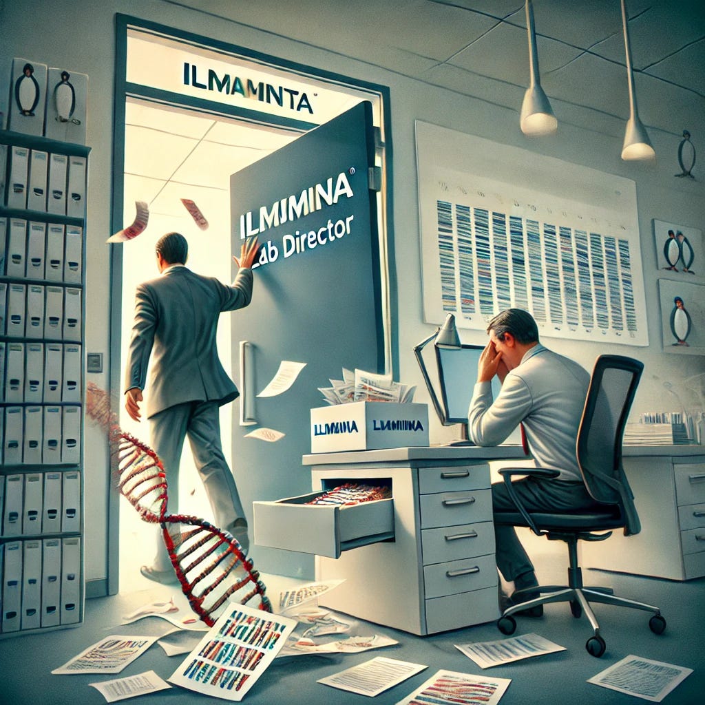 An illustration depicting the dramatic firing of a lab director from Illumina, a leading biotechnology company. The scene includes a modern laboratory setting with a nameplate being removed from an office door. Papers and DNA sequencing data sheets are scattered, symbolizing the abruptness. The atmosphere is tense, with muted colors and sharp lighting. Corporate logos and figures in professional attire are in the background, highlighting the corporate environment. No penguins or unrelated elements should be included.