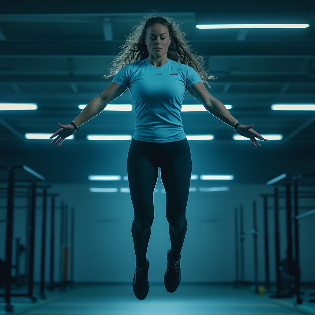 Strong female rugby player performing a jump test in a dark gym with light blue fluorescent lighting.