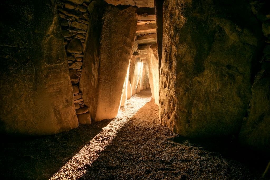 The interior of Newgrange is illuminated by sunlight