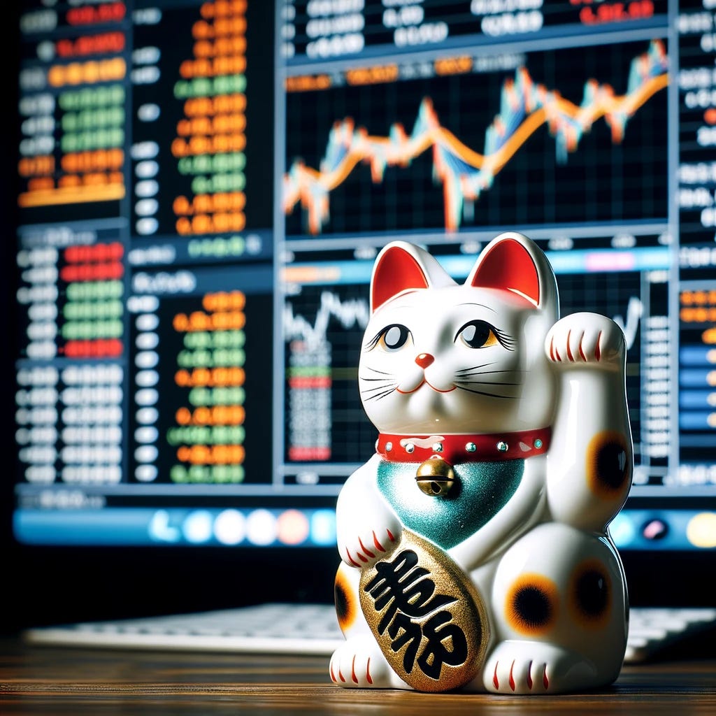 A maneki-neko, or lucky cat, standing in front of a screen displaying stock market analysis. The cat is ceramic, with one paw raised, traditionally symbolizing good fortune and wealth. It is white with orange and black spots, and wears a red collar with a bell. The screen in the background shows various stock market graphs and numbers, suggesting a busy trading environment.