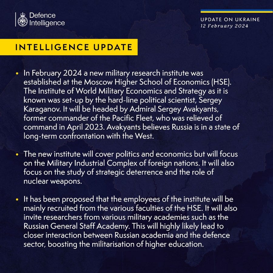 In February 2024 a new military research institute was established at the Moscow Higher School of Economics (HSE). The Institute of World Military Economics and Strategy as it is known was set-up by the hard-line political scientist, Sergey Karaganov. It will be headed by Admiral Sergey Avakyants, former commander of the Pacific Fleet, who was relieved of command in April 2023. Avakyants believes Russia is in a state of long-term confrontation with the West.

The new institute will cover politics and economics but will focus on the Military Industrial Complex of foreign nations. It will also focus on the study of strategic deterrence and the role of nuclear weapons.

It has been proposed that the employees of the institute will be mainly recruited from the various faculties of the HSE. It will also invite researchers from various military academies such as the Russian General Staff Academy. 