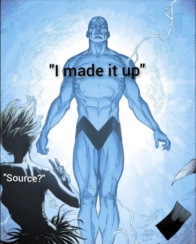 "I made it up "Source?" Doctor Manhattan Jaw Neck Sleeve Gesture Human anatomy Art Waist Chest Trunk Thigh Nerve Knee Electric blue Symmetry Painting