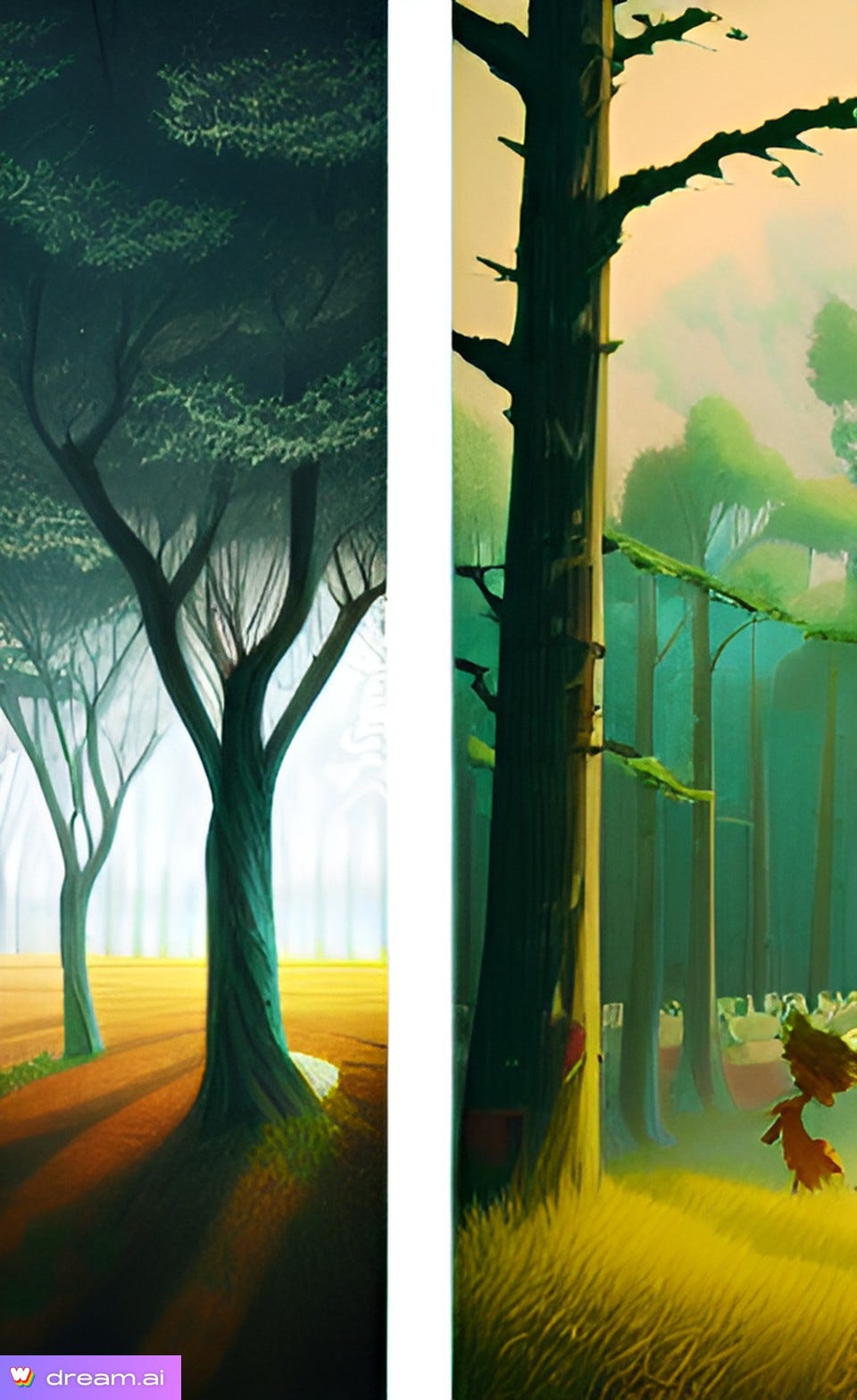 two comic-book-style panels showing trees, one with a figure resembling a small child underneath