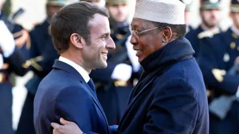 Getty Images French President Emmanuel Macron welcomes Chad's leader Idriss Déby prior a lunch at the Elysee Presidential Palace - 12 November 2019