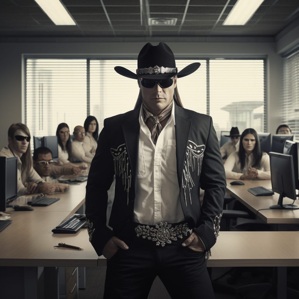Photograph of The Lone Ranger in an office setting with modern software engineers