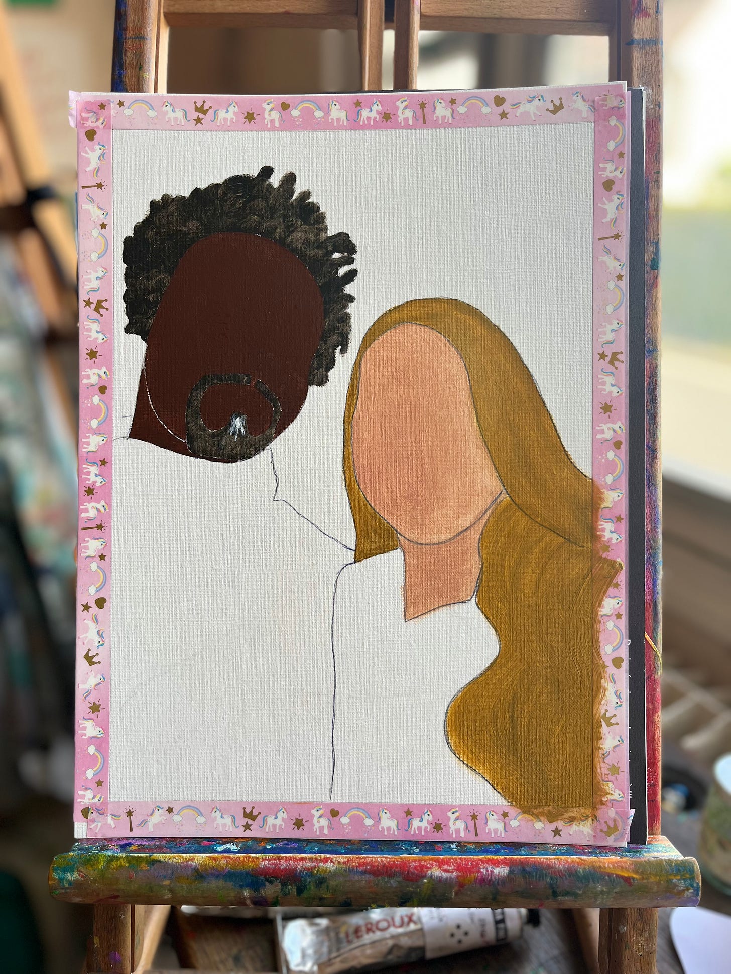 An oil painting of a mixed couple's faceless portrait