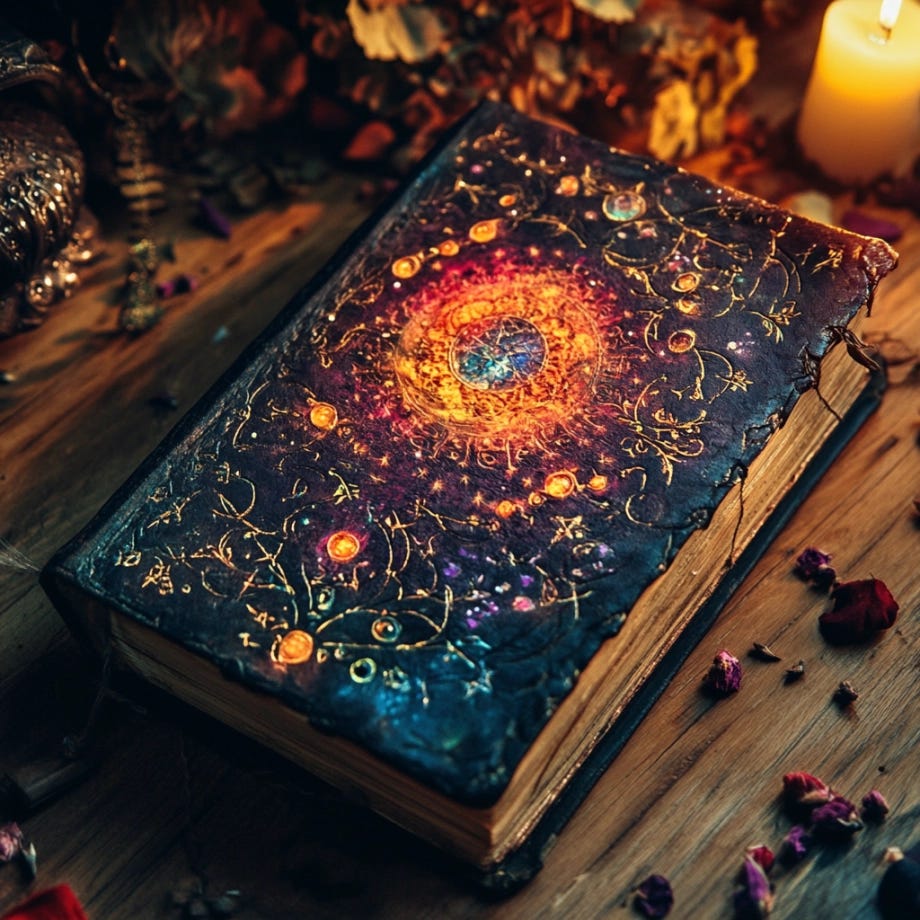 An ornate Book of Shadows lying beside a candle, adorned with colorful mystical symbols and glowing elements