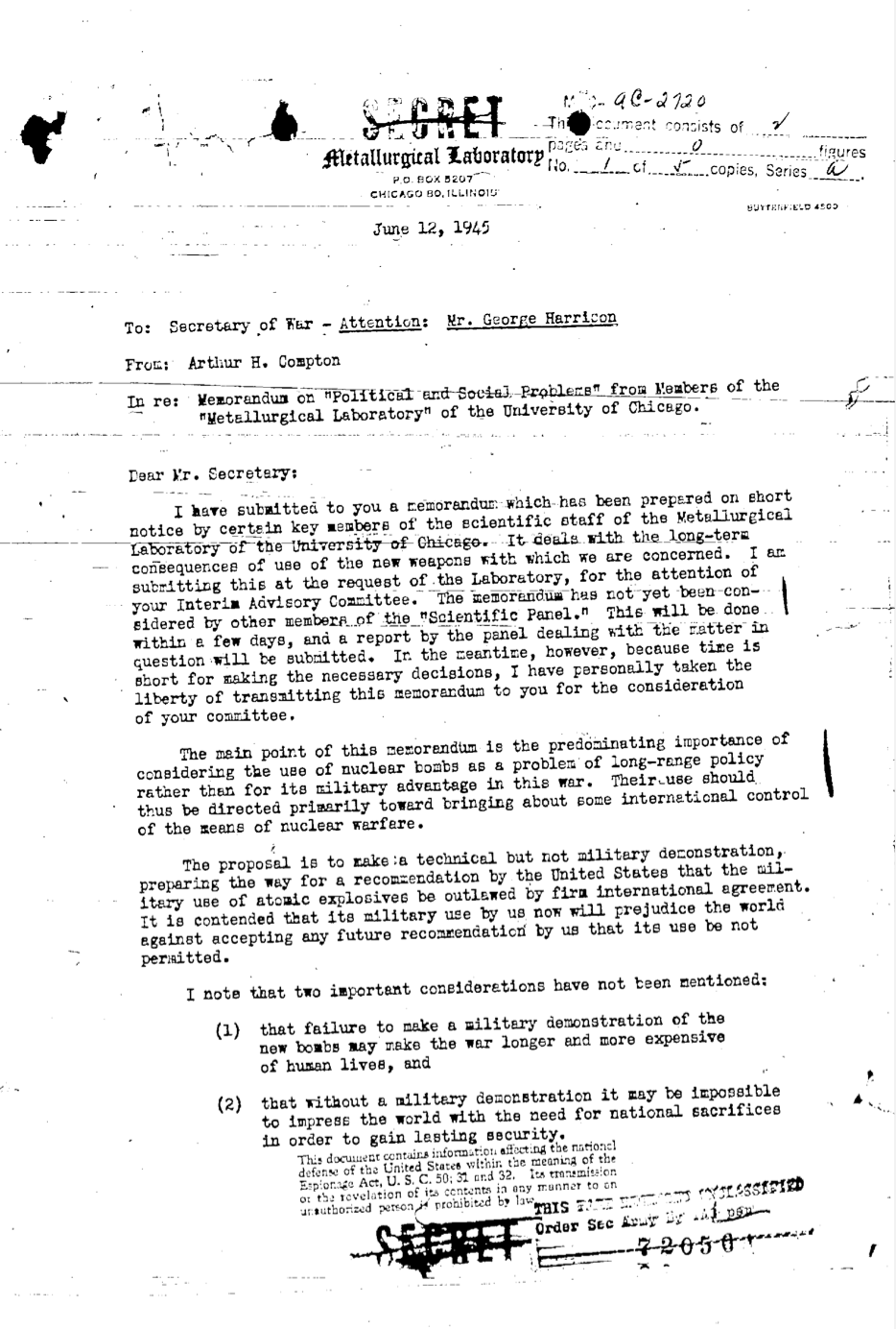 Arthur Compton's letter introducing the Franck Report to Secretary of War Stimson.