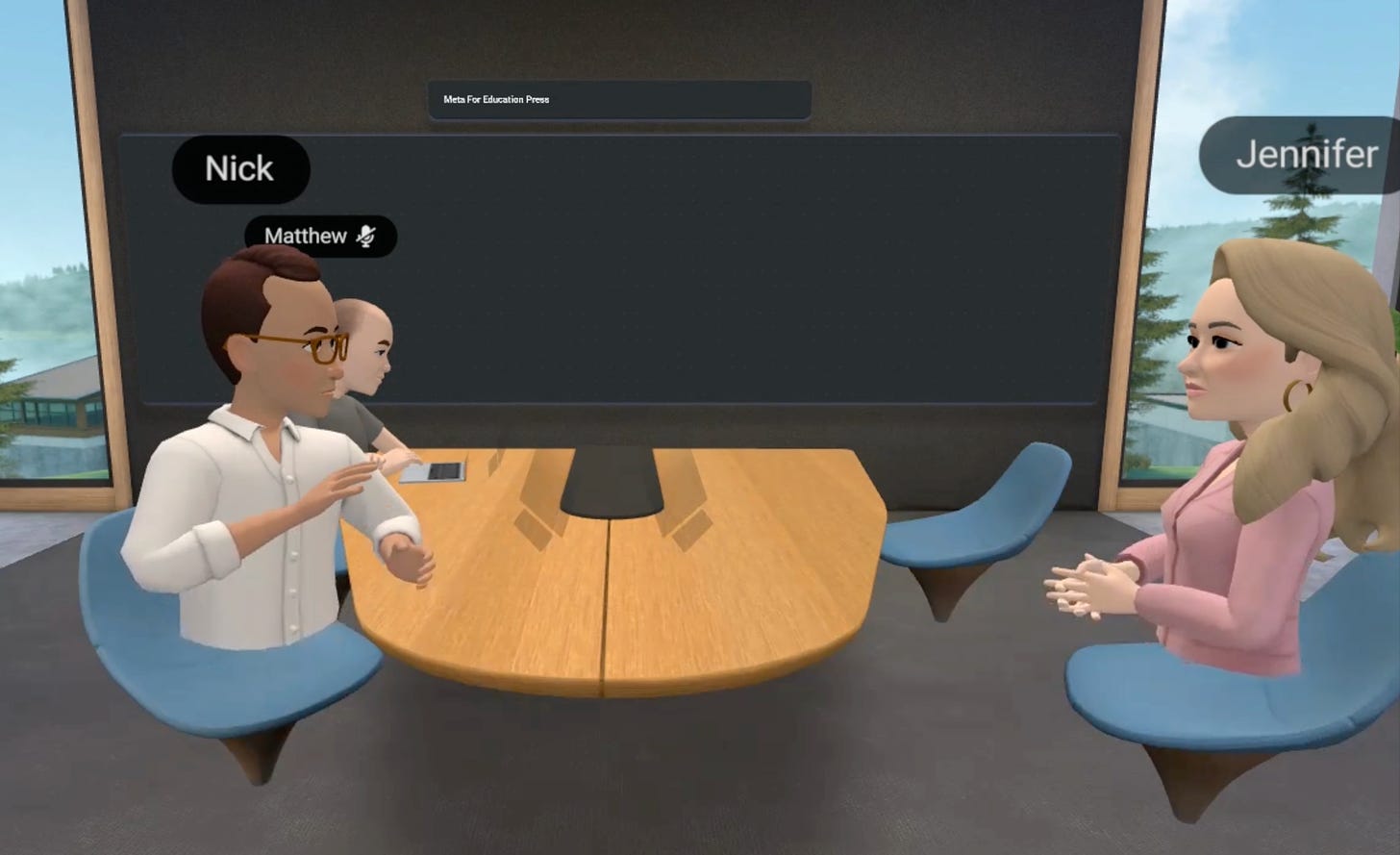 A screenshot from the metaverse shows the avatars of Nick Clegg of Meta and Jennifer Kingson of Axios.