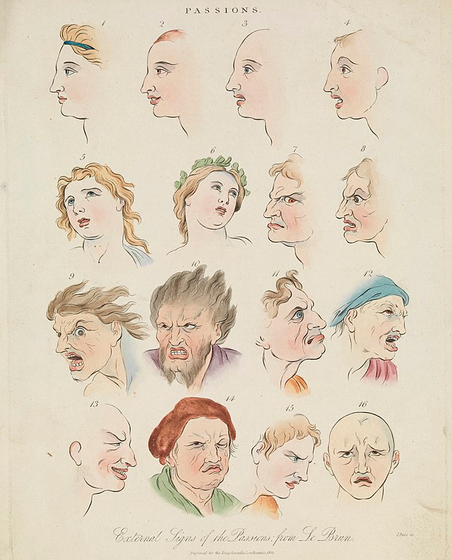 Drawing of 16 faces expressing emotions