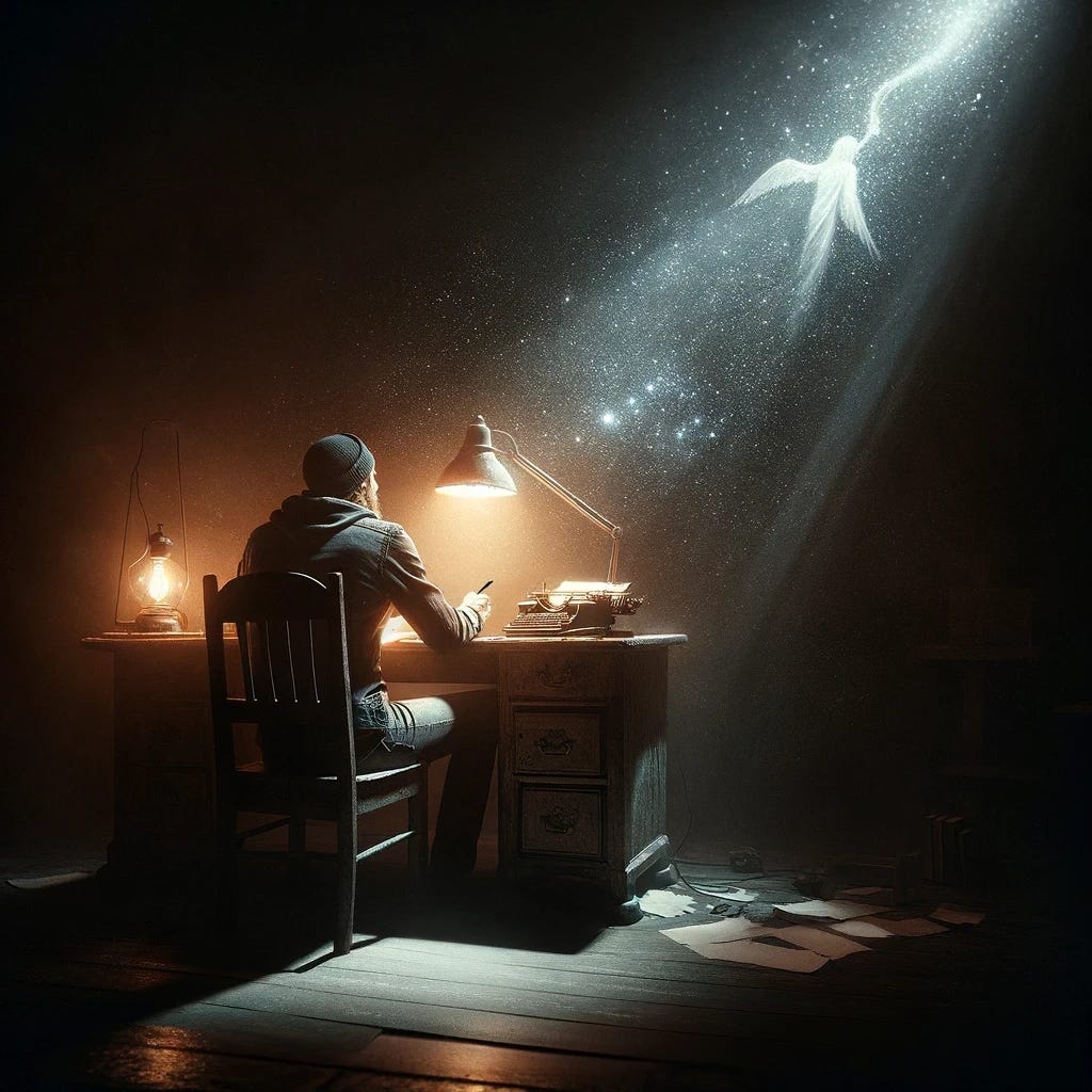 A thought-provoking image capturing the essence of a story beginning with "Apparently the God I don't believe in wants me to write." The scene is of a person at an old wooden desk under a dim lamp, surrounded by darkness, looking contemplative with a pen poised above a blank paper. A faint, celestial light breaks through the darkness above, symbolizing divine inspiration. The mood is solitary and introspective, with a warm desk area contrasting the mysterious outer darkness. The phrase "Apparently the God I don't believe in wants me to write." is visible, artistically integrated into the scene, enhancing the narrative.
