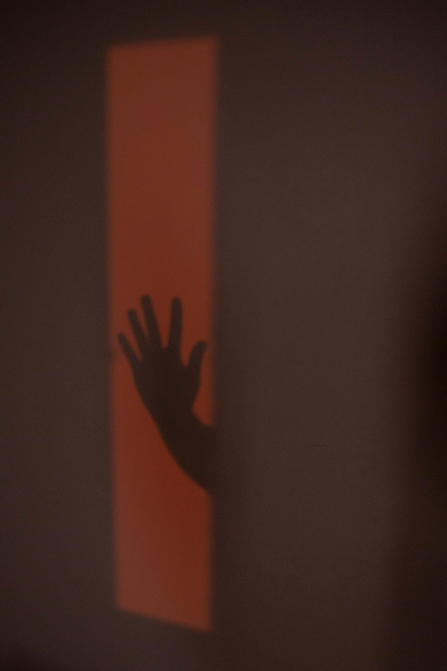 A shadow of a hand coming out of a closet door but signaling “stop”