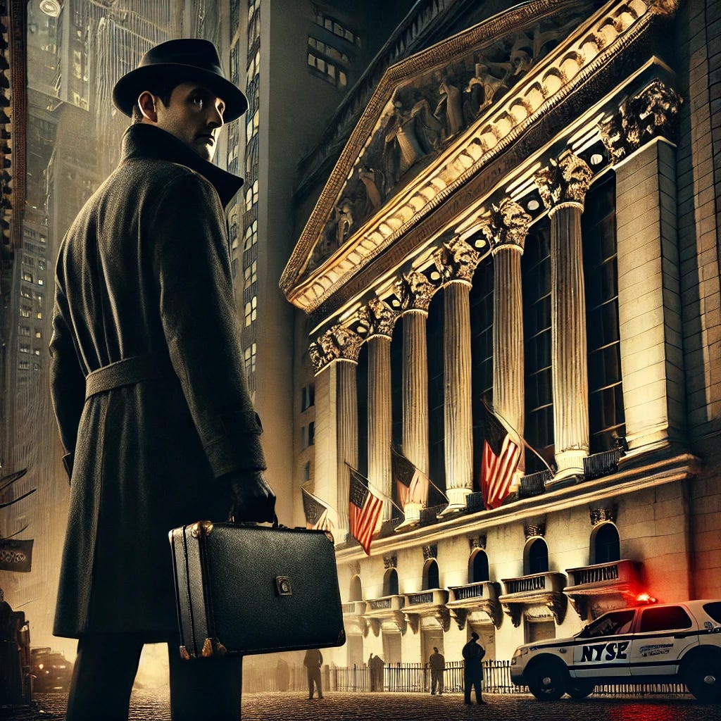 A dramatic illustration of a man in a dark jacket and hat, standing near the entrance of the New York Stock Exchange, holding a briefcase that appears suspicious. The background features the iconic facade of the NYSE with its columns and grand entrance. The atmosphere is tense, with police cars and emergency lights in the distance, hinting at a sense of danger and urgency. The scene captures the moment before a potential disaster, filled with suspense and action.