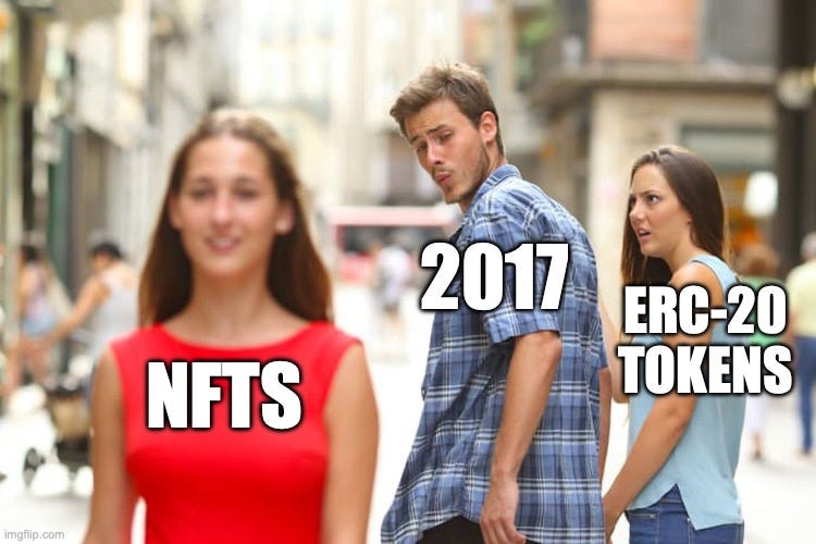 Distracted Boyfriend Meme |  2017; ERC-20 TOKENS; NFTS | image tagged in memes,distracted boyfriend | made w/ Imgflip meme maker