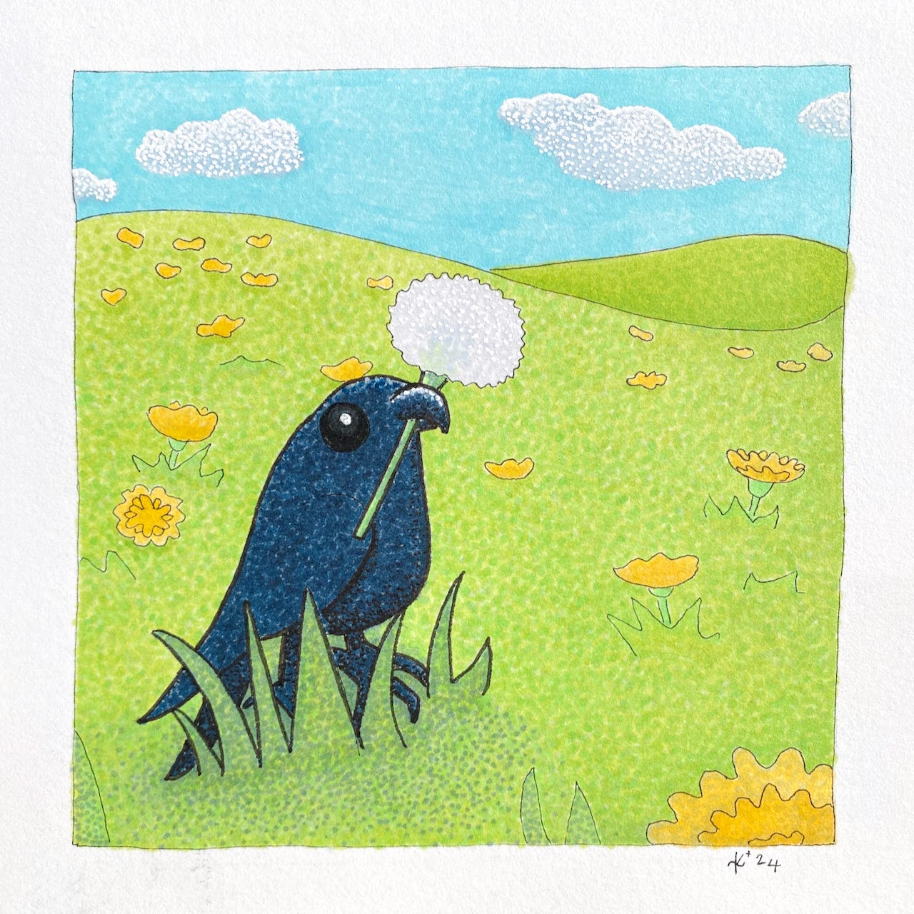 hand-drawn pointillist cartoon of a crow standing in a sunny dandelion meadow, clutching a dandelion puff by the stem and wearing a hopeful expression.