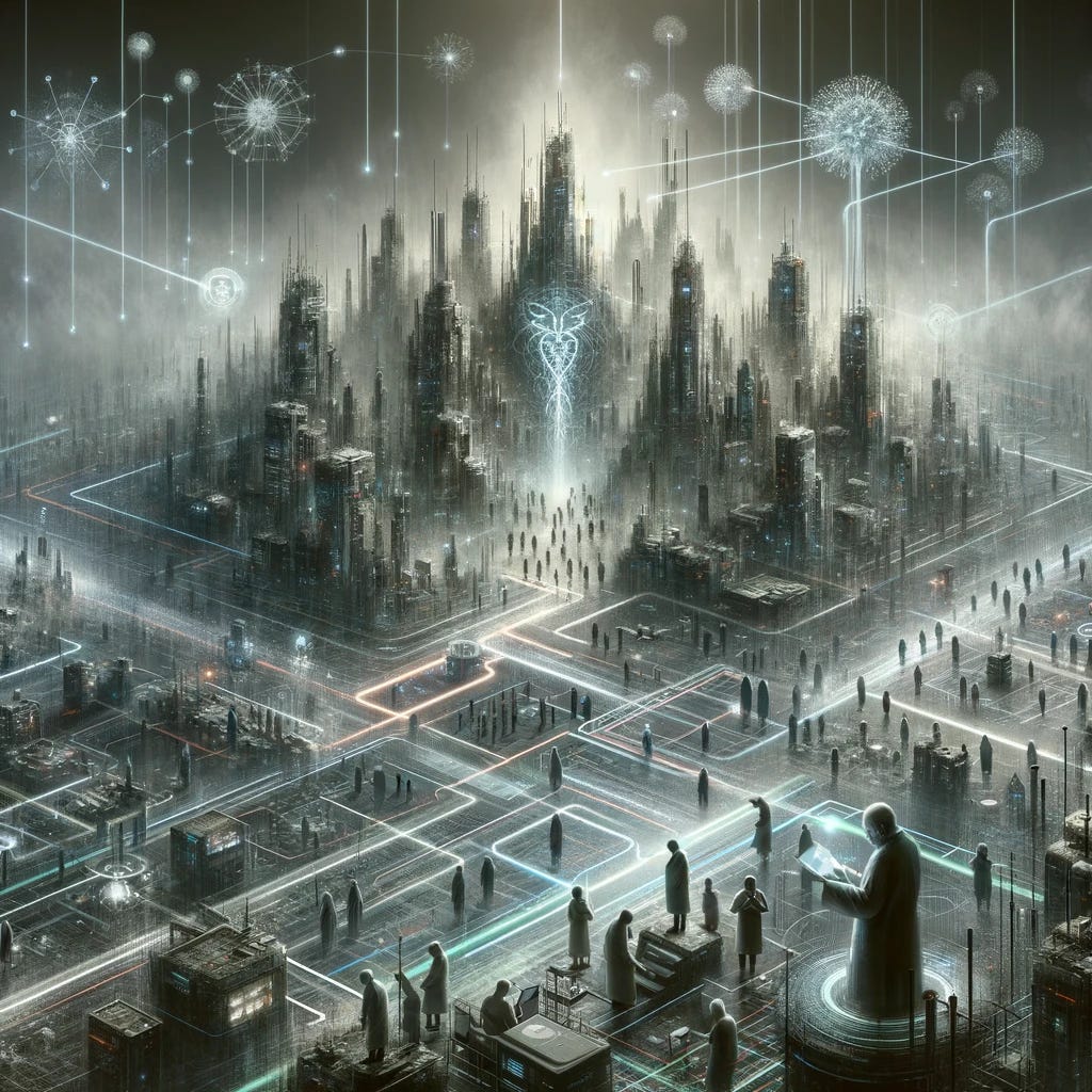 A symbolic representation of the uncertain and ethically ambiguous world of healthcare technology. The image features a sprawling futuristic cityscape with towering structures and a network of glowing, interconnected data streams, symbolizing advanced technology. The city is shrouded in a dense, grey fog, representing uncertainty and ethical concerns. In the foreground, shadowy figures of medical professionals and patients interact with various high-tech devices, their faces expressing concern and confusion. The overall atmosphere is eerie and thought-provoking.